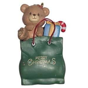 Vintage 1992 Lustre Fame Merry Christmas Teddy Bear in Green Gift Bag Ornament